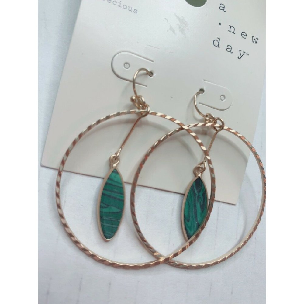 Semi-Precious Stone Aventurine Malachite Dangle Drop Hoop Earrings Green… - Picture 2 of 3